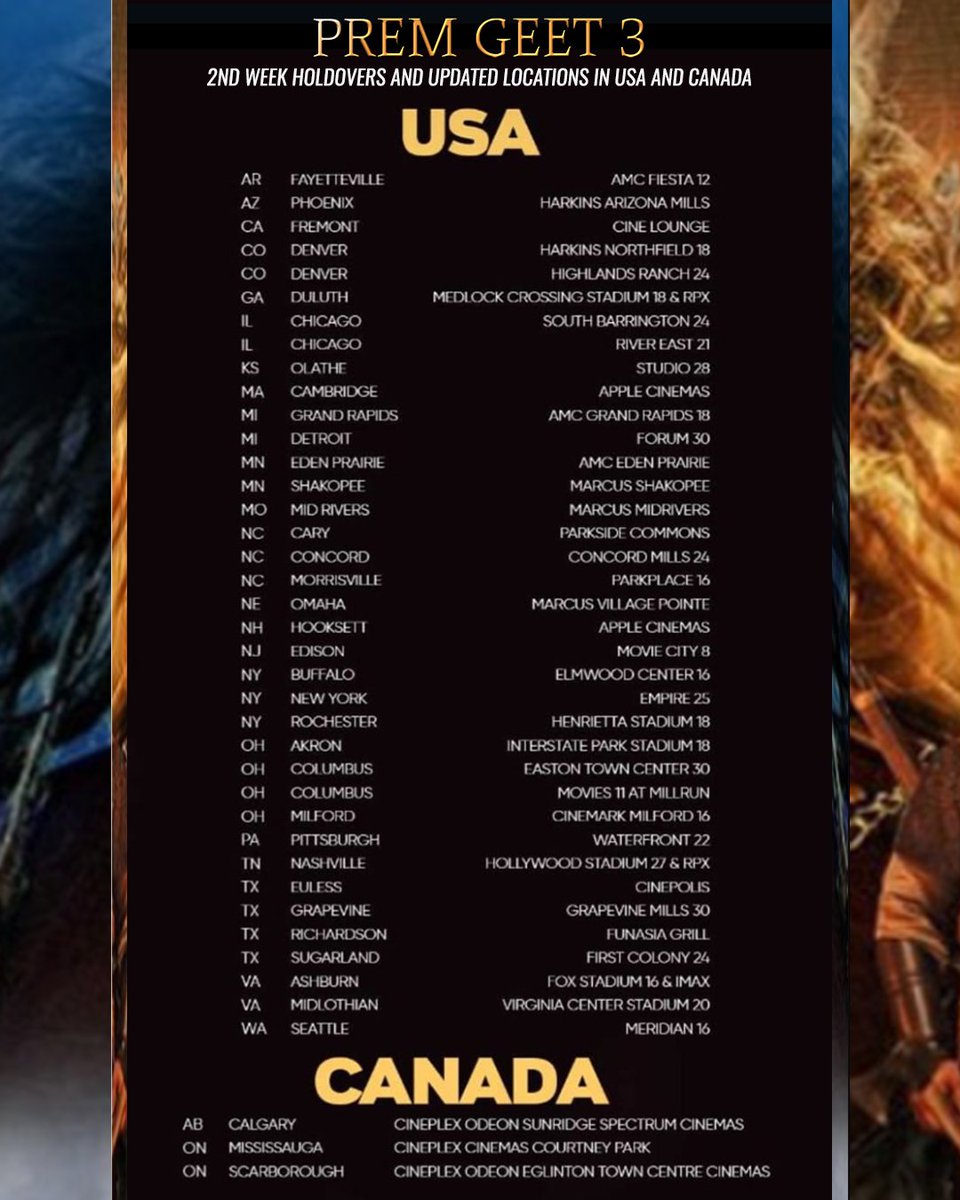 prem_geet3's tweet photo. Despite the challenges, we are getting amazing responses in the second week as well
2nd week holdovers and updated locations in USA and Canada.
@zeemusiccompan1
@pradeepktweets
@KristinaGrgoffl
@santoshsennepal
@Kale222Subhash
@Prashant81001
@yogeshlakhani
@ufomovie
@Media_Fourth https://t.co/DZb47oaMk2