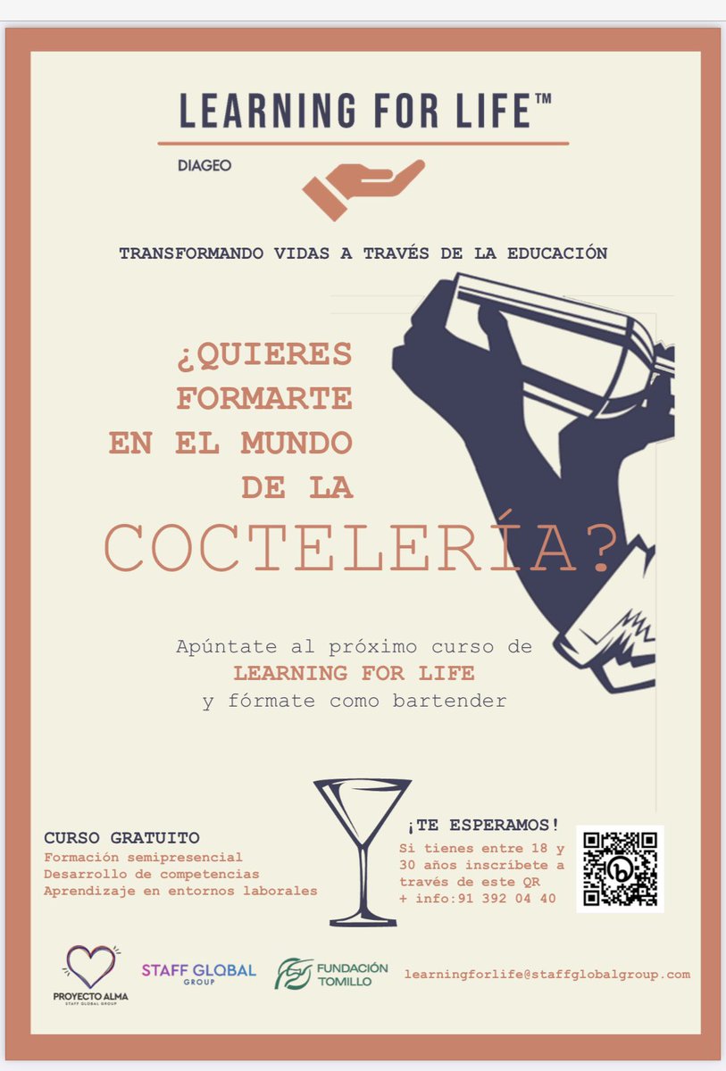 OscarDeMolina's tweet photo. Si tienes entre 18 y 30 años. Buscas un cambio o profesionalización/especialización. Con o sin experiencia en hostelería pero con ganas de aprender. Te acogemos en “LEARNING FOR LIFE”. Escanea el QR. #DiageoLearningForLife #LearningforLife #RSC https://t.co/26kKuuV6Tt