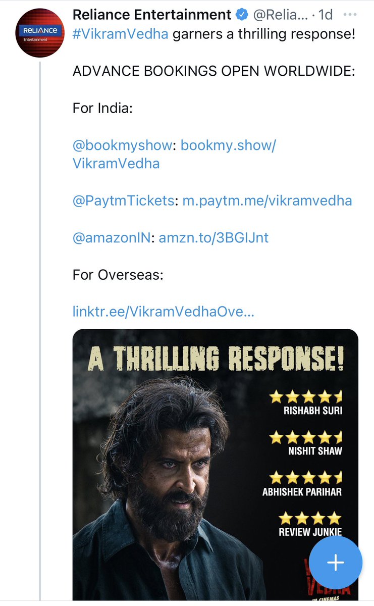 reviewjunkie12's tweet image. Thank You 🙏 

#HrithikRoshan #VikramVedha #RelianceEnt