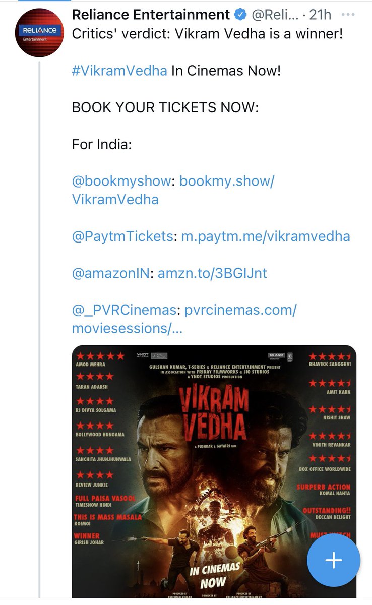 reviewjunkie12's tweet image. Thank You 🙏 

#HrithikRoshan #VikramVedha #RelianceEnt