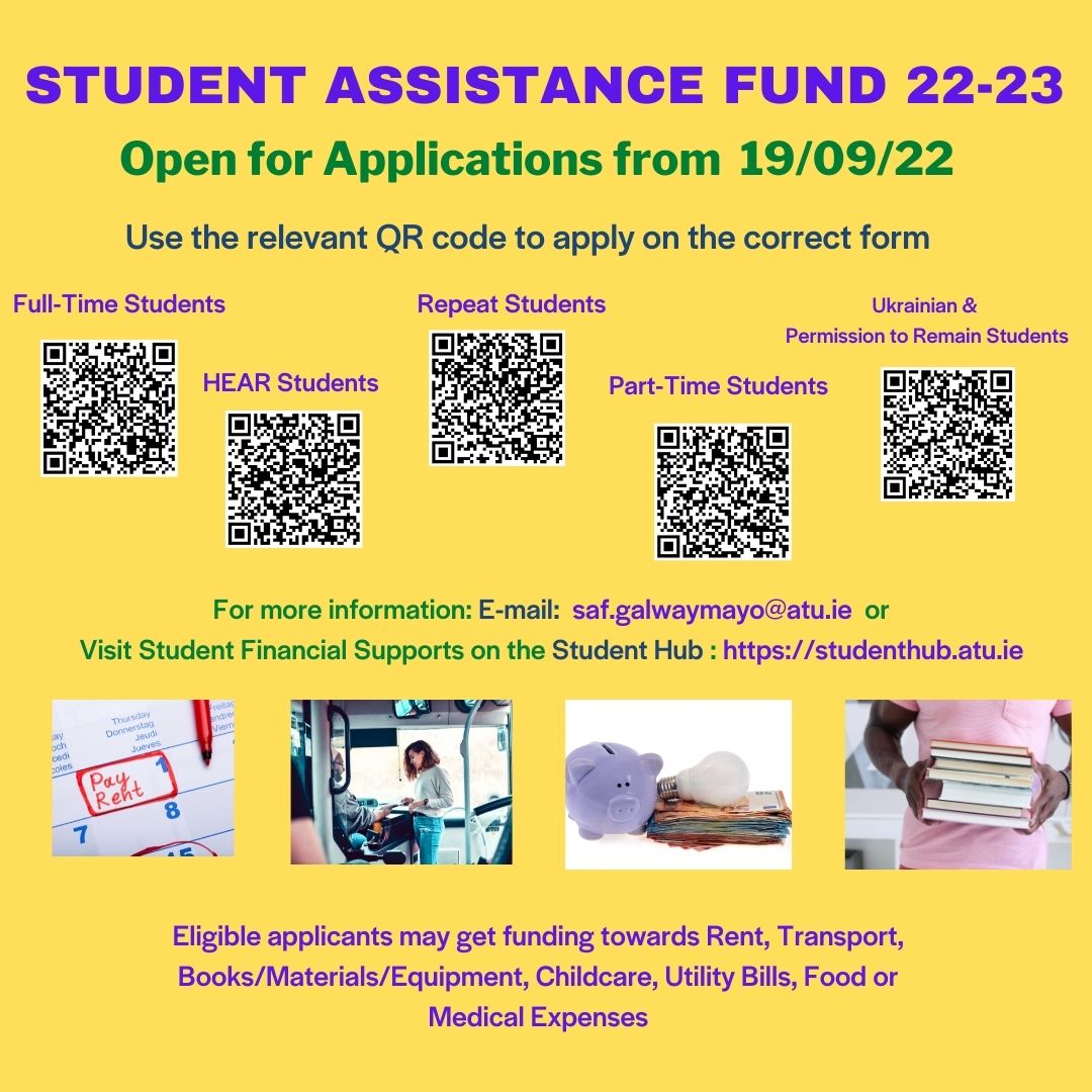 ATU Galway City Student Services (@atugalwaycityss) on Twitter photo Welcome back - we know many students will struggle financially this year. Therefore we have opened our #StudentAssistanceFund form today although we are still awaiting our funding from the HEA. Use the relevant QQ code below to apply & then upload documents. <a href="/ATUSUGalwayMayo/">ATU Students' Union, Galway - Mayo</a> Welcome back - we know many students will struggle financially this year. Therefore we have opened our #StudentAssistanceFund form today although we are still awaiting our funding from the HEA. Use the relevant QQ code below to apply & then upload documents. <a href="/ATUSUGalwayMayo/">ATU Students' Union, Galway - Mayo</a>