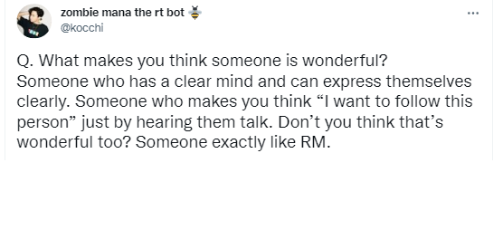 tigertae's tweet photo. Taehyung answering the question "what makes you think someone is wonderful?" by describing Namjoon. He said it in such a heartfelt way too https://t.co/s5IENwq75l