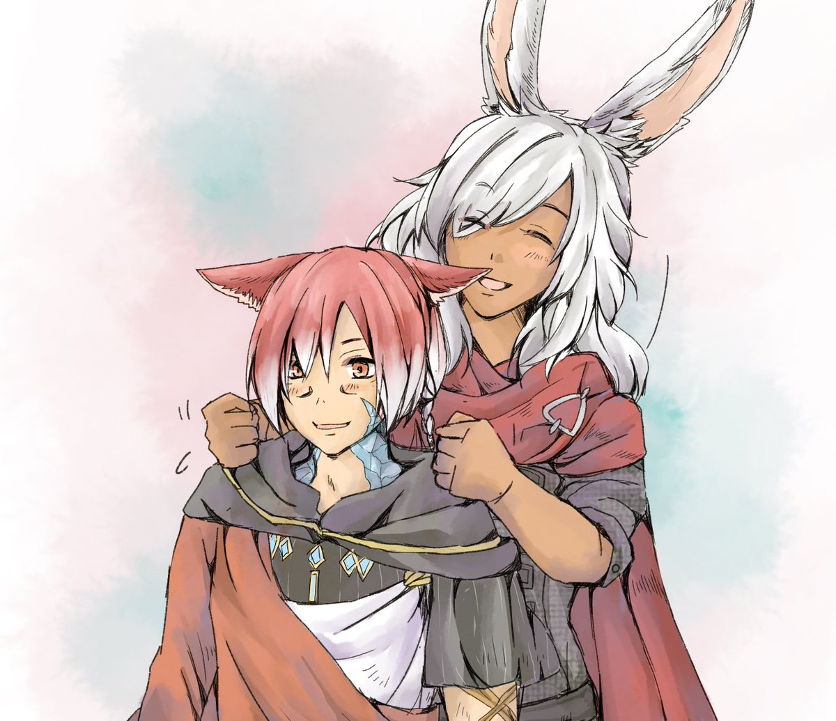 animal ears viera rabbit ears red hair miqo'te cat ears closed eyes  illustration images