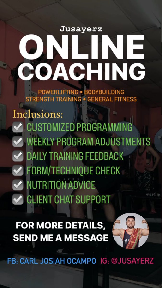 Jusayerz's tweet photo. Want to begin your fitness journey?

I'm Coach Josiah and I am accepting clients for my Online Coaching services for Powerlifting, Bodybuildi ng, Strength Training, and General Fitness 💪🏻

For more details and DISCOUNTS, send me a DM! 💬

FB: Carl Josiah Ocampo
IG: @Jusayerz https://t.co/NAIs29Do7x