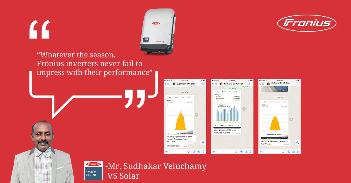 FroniusIndia's tweet photo. Happy words!! 🗨

"Whatever the season, Fronius inverters never fail to impress with their performance." _ Mr. Sudhakar Veluchamy, VS Solar
Read more about FRONIUS ECO: https://t.co/5e70npEReB
#24hoursofsun #froniussolar #solarenergy #photovoltaic #sustainability #solarinverter https://t.co/uHam2CnItE