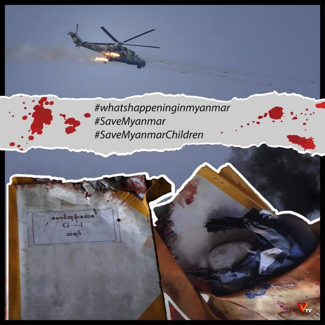 Attacked on the Lat Yat Kone village.

Several children were killed while they were studying at the school by the inhumane military airstrikes. 

#whatshappeninginmyanmar 
#SaveMyanmar 
#SaveMyanmarChildren