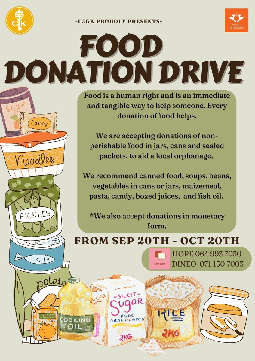 GoldenKeyUJ's tweet photo. Hey Goldies ✨ The chapter is providing you with an opportunity to give back. We are currently running a food drive for a local orphanage and would appreciate your helping hands. #GKActsOfKindess #yesgk #gksa https://t.co/DgnF6A3VN5