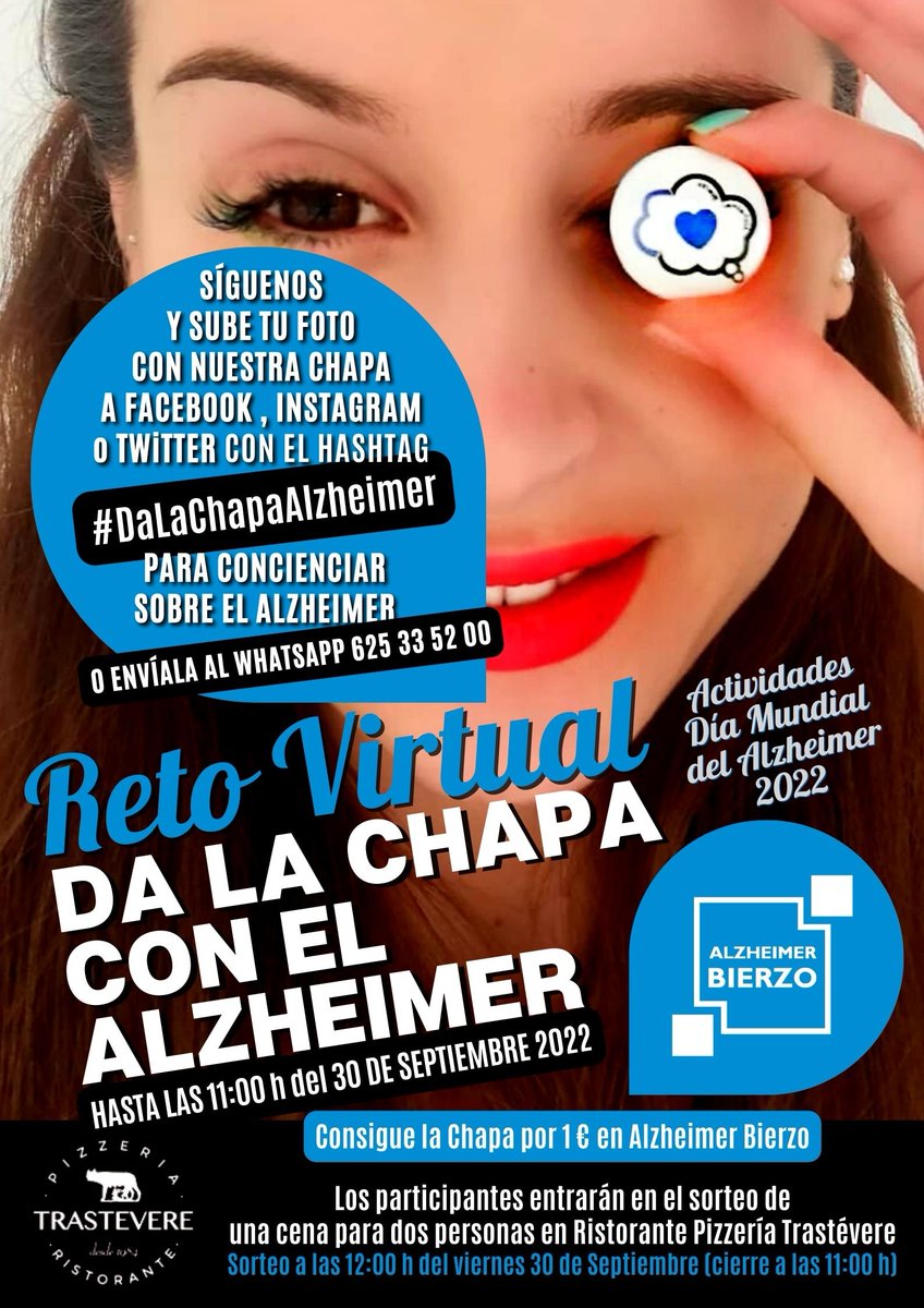 AlzheimerBierzo's tweet photo. DA LA #CHAPA CON EL #ALZHEIMER ¡ÚNETE A NUESTRO #RETOVIRTUAL!
Síguenos y sube tu foto con nuestra chapa y el hashtag #DaLaChapaAlzheimer. Consíguela en #alzheimerbierzo (1 €).
Sorteamos el 30 de septiembre una cena para dos personas en @Trastevere_1983. https://t.co/AefUsBOqoq