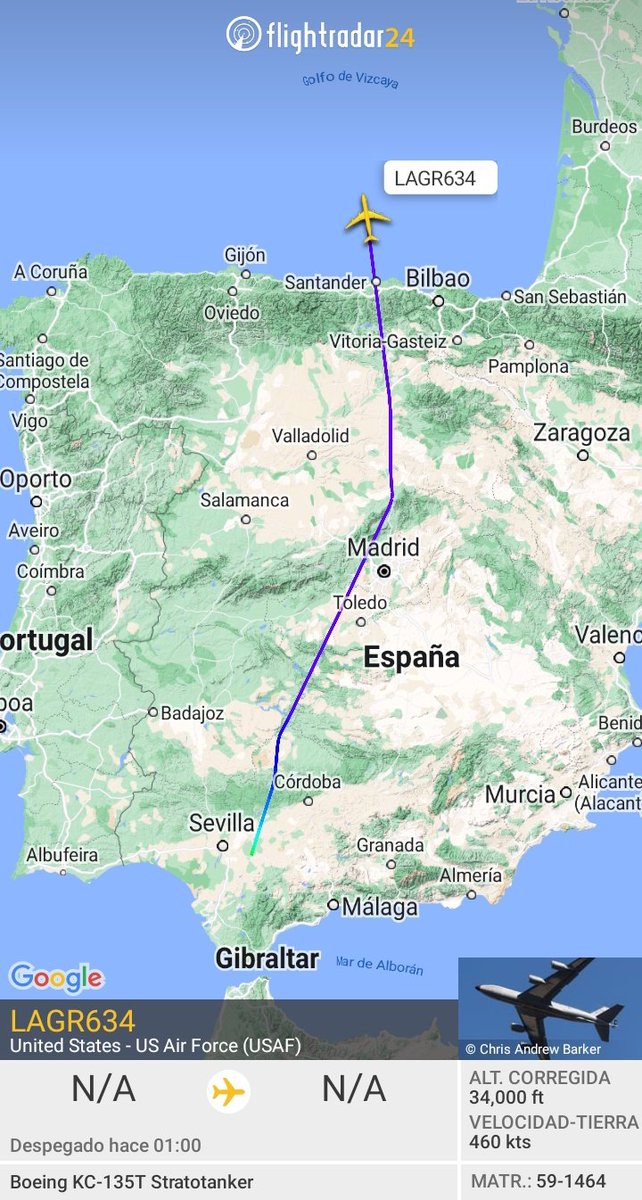 MilRadar's tweet photo. 🇺🇸 #USAF KC-135T Stratotanker 59-1464 del #351stARS despega desde #Morón y con rumbo N sobre el Cantábrico se dirige a #Mildenhall #UK https://t.co/0ll4c532KK