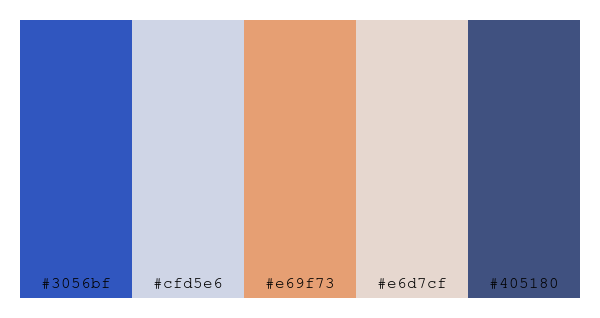ColPaletteBot's tweet photo. Beep beep, here's a pretty color palette for you!
color-scheme.js parameters used:
- hue: 29
- variation: pastel
- colors: #3056bf, #cfd5e6, #e69f73, #e6d7cf, #405180
Have a lovely day!
#twitterbot #colorpalette #colors #palette #prettycolors https://t.co/9y5nPGJJCp