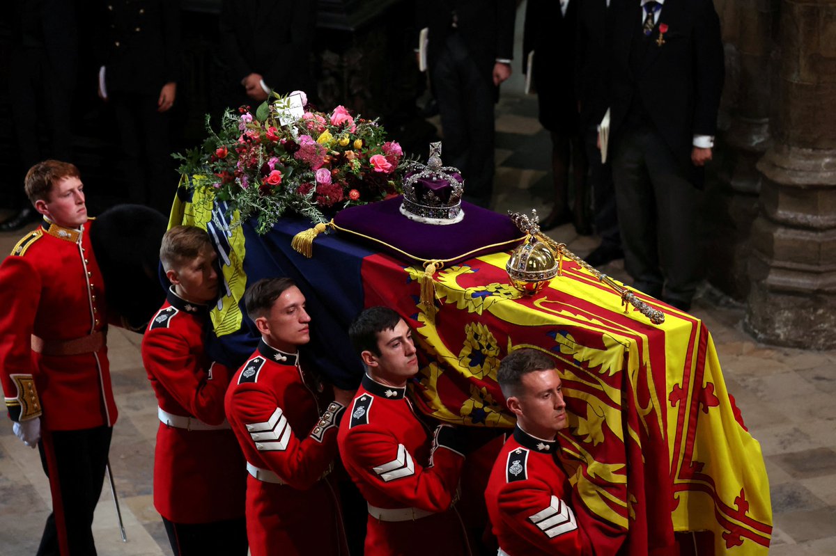 The card on top of the coffin is from the King to his late mother: He wrote: ‘In loving and devoted memory. Charles R’.