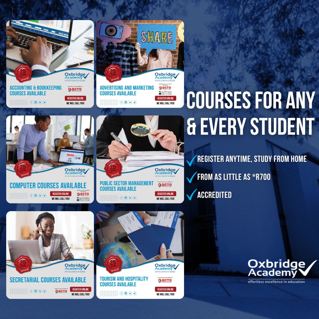 Our courses are accredited: So, what are you waiting for, register today: oxbridgeacademy.edu.za/contact-us/reg…
#oxbridgeacademy #studynow #distancelearning #anyandeverystudent #WeCare  #accounting #computercourses #publicsectormanagement #secretarial  #tourism #accreditedcourses