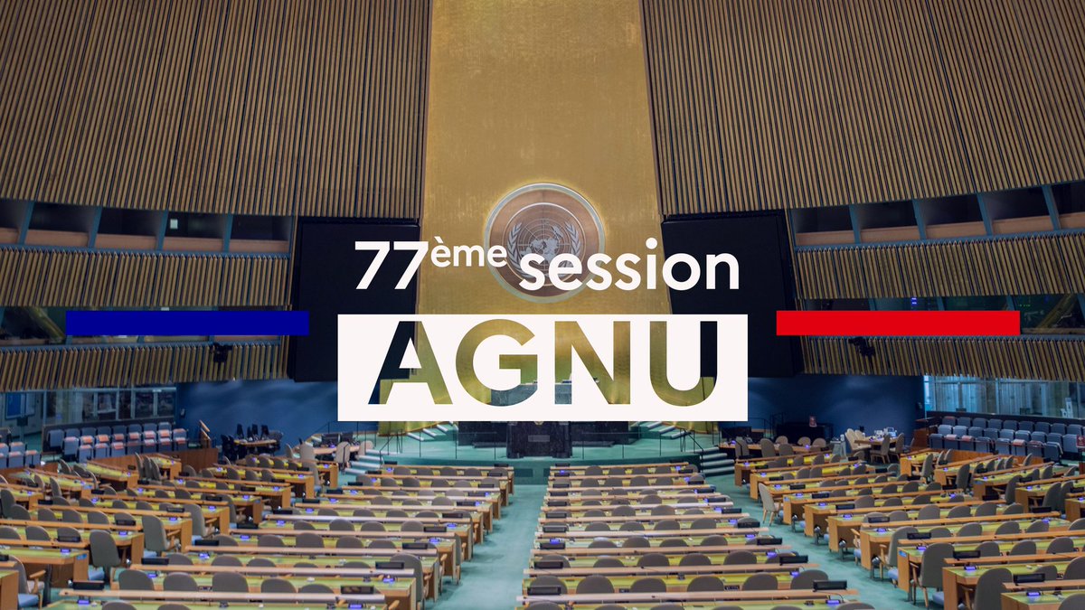 franceonu's tweet photo. 📢 La semaine de haut niveau de la 77e session de l’AGNU commence.
Ce rendez-vous diplomatique majeur réunira les dirigeants du monde entier, autour des défis collectifs auxquels le monde doit faire face.
@EmmanuelMacron @MinColonna @PapNdiaye @CZacharopoulou @BCouillard33
#UNGA https://t.co/aRHSuy4Tnb