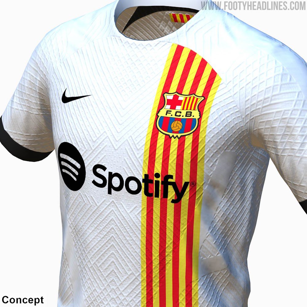 Polyccio8's tweet photo. 👀 Esta podría ser la nueva segunda equipación del Barça para la próxima temporada. Blanca, con la ‘senyera’ y con el escudo retro. ¿Os gusta?

📸 @Footy_Headlines #FCBlive #Barça https://t.co/jaaykrsl22
