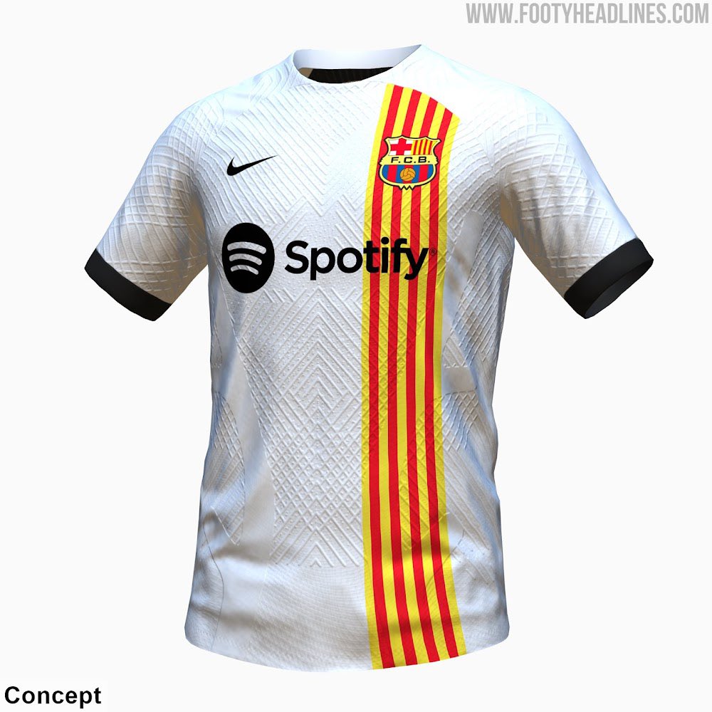 Polyccio8's tweet photo. 👀 Esta podría ser la nueva segunda equipación del Barça para la próxima temporada. Blanca, con la ‘senyera’ y con el escudo retro. ¿Os gusta?

📸 @Footy_Headlines #FCBlive #Barça https://t.co/jaaykrsl22