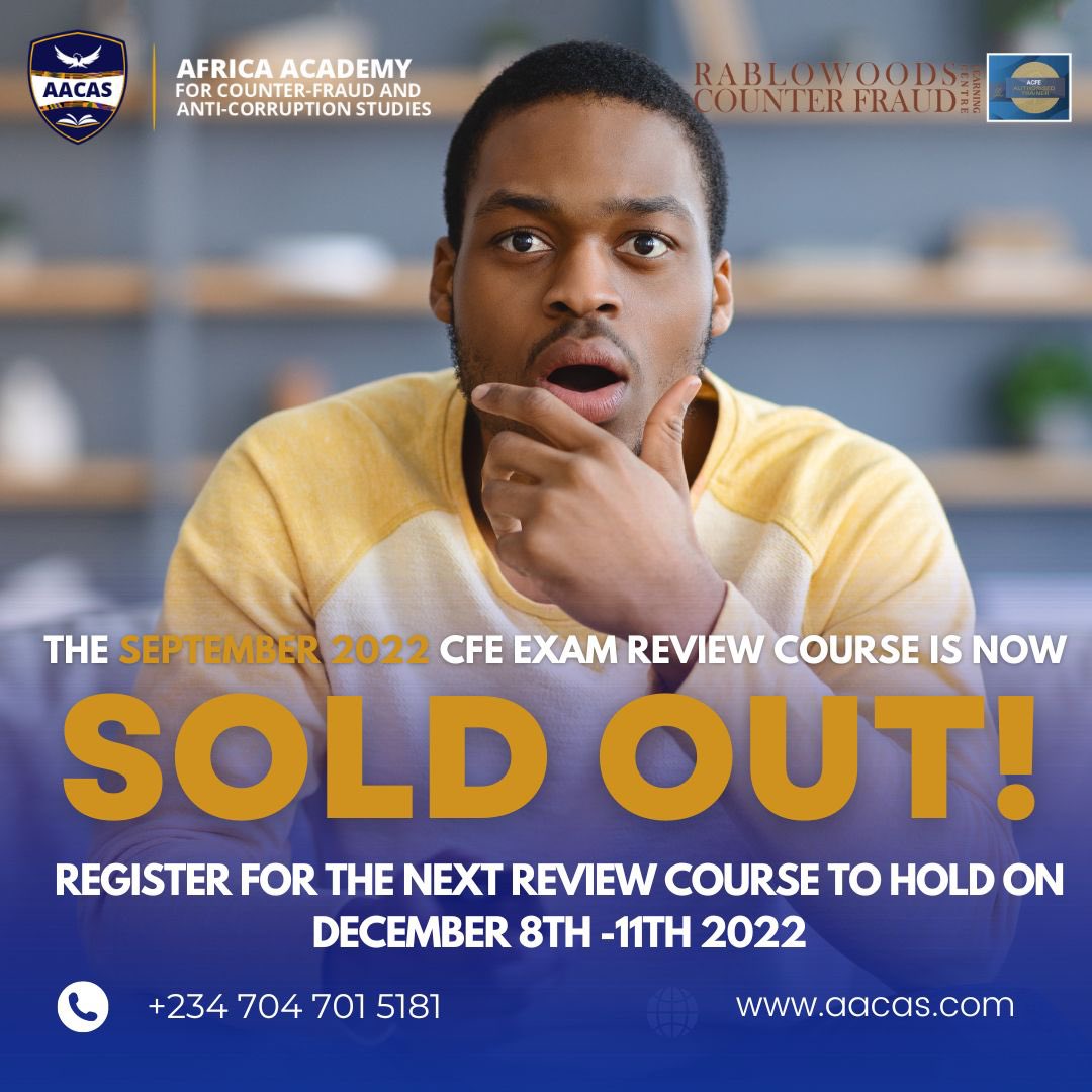 The September 2022 exam review course is now sold out.

Register for the next cohort by contacting us on:

07047015181
Info@aacas.com
aacas.com

#reviewcourse #cfeexamreviewcourse #cfe #certifiedfraudexaminer #acfe #authorisedtrainer #acfeafrica #acfeexam