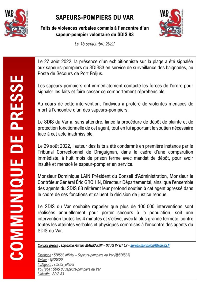 SDIS83's tweet photo. [COMMUNIQUÉ DE PRESSE]

➡️ Condamnation par le @TJDraguignan de l'auteur de violences verbales envers un #SPV du #SDIS83 ⤵️⤵️

#TouchePasÀMonPompier https://t.co/I9Efy94TcN