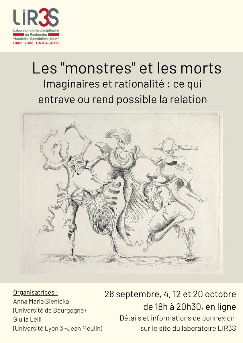 SienickaAnna's tweet photo. ATELIER DE RECHERCHE 

28/09, 4/10, 12/10 et 20/10. 18h -20h30. EN LIGNE sur Zoom. 
Je co-organise un atelier de recherche pluridisciplinaire, avec Giulia Lelli, autour des «MONSTRES» ET DES MORTS. https://t.co/2cRF7vUEQD