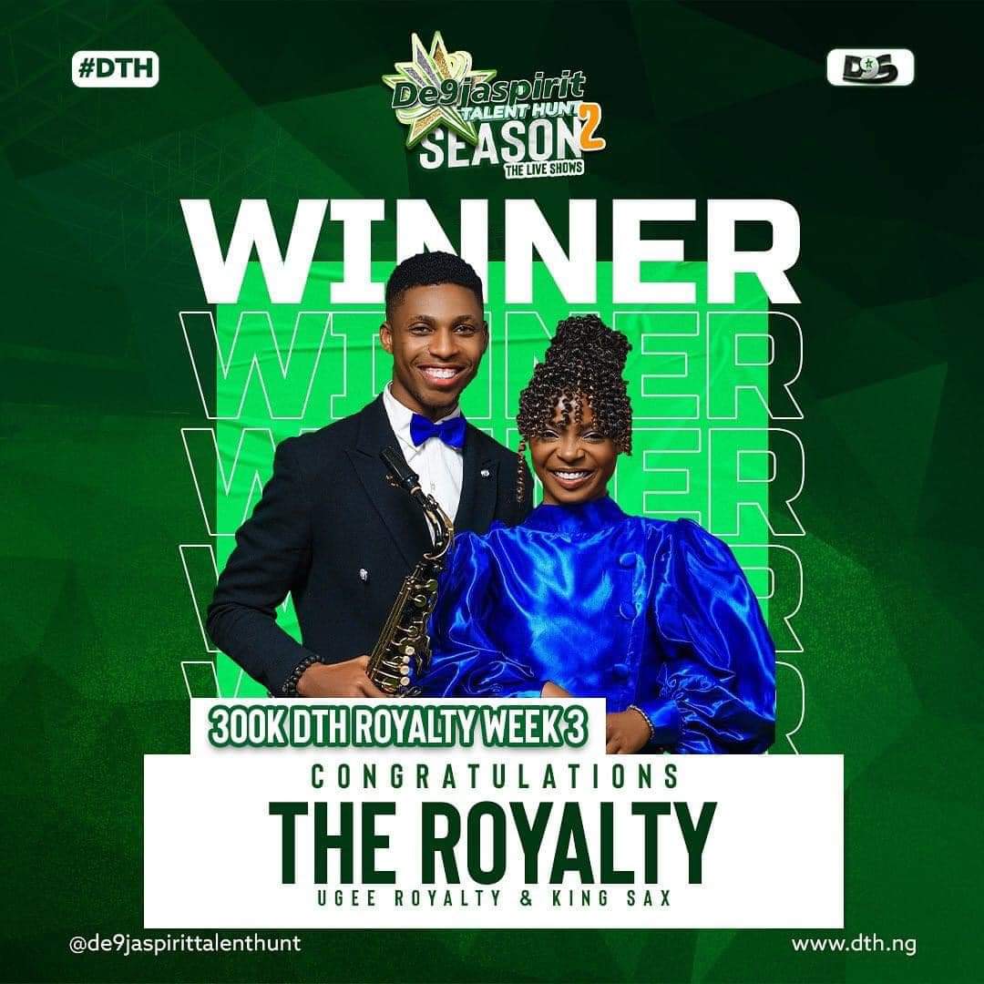 This is me coming back to say THANK YOU 🙏🏾 to you all that Voted us, so we won last weeks BEST PERFORMANCE OF THE WEEK 🙏🏾 @Dking_Sax <a href="/dthngr/">De9jaSpirit Talent Hunt</a>
THANK YOU 🙏🏾
We go again this week cos your girl got another ROYALTY TAG 💃💃💃💃💃
#de9jaspirittalenthuntseason2
#ugeeroyalty