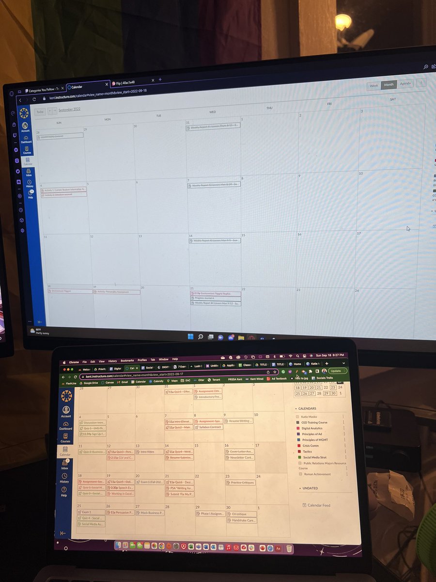 My senior roommate’s canvas calendar versus mine, a junior. He has a job and an internship, I have three jobs and a board member position for a club.