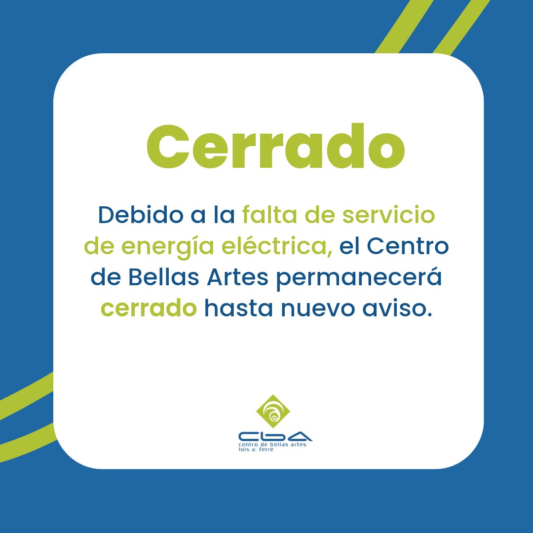 CBASanturce's tweet photo. 📣 Debido a la falta de servicio de energía eléctrica y al mal tiempo que se pronostica continuará durante el día de hoy, el Centro de Bellas Artes permanecerá cerrado hasta nuevo aviso. 

Tan pronto se restablezcan nuestras operaciones lo estaremos notificando por este medio. https://t.co/yO7drs5x14