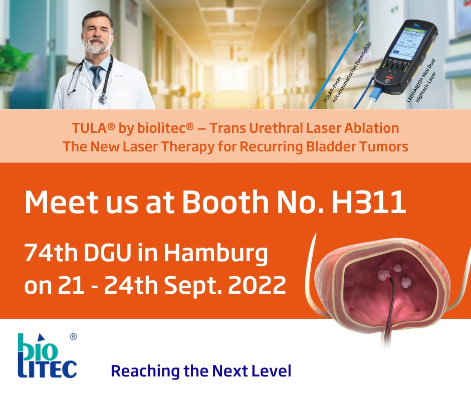 Learn more about Latest News in Laser in Urology – Special: TULA Trans Urethral Laser Ablation for Recurring Bladder Tumors
Meet us at Booth No. H311 at 74th DGU in Hamburg on 21 - 24th Sept. 2022
More information biolitec-fair.com/en/urology
#biolitec #urology #lasertherapy #dgu