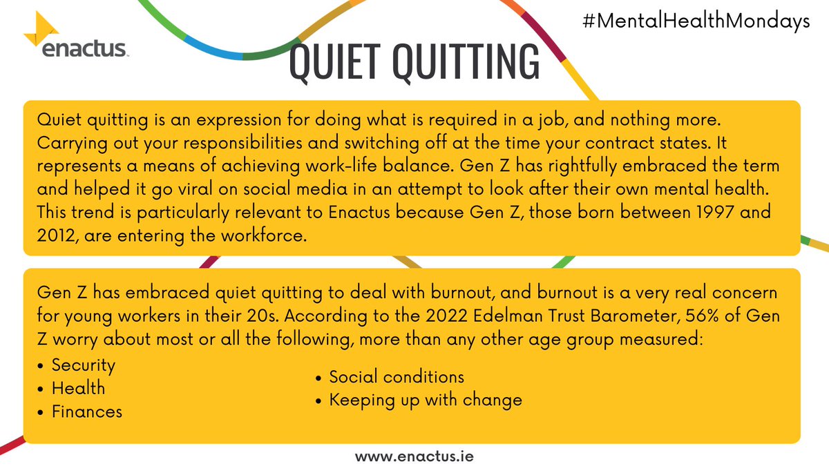 Enactus Ireland - Inactive (@enactusireland) on Twitter photo Have you heard about Quiet Quitting? The term has been embraced by Gen Z in an attempt to look after their own mental health and avoid burnout. Learn more about it below! #MentalHealthMondays #WeAllWin Have you heard about Quiet Quitting? The term has been embraced by Gen Z in an attempt to look after their own mental health and avoid burnout. Learn more about it below! #MentalHealthMondays #WeAllWin