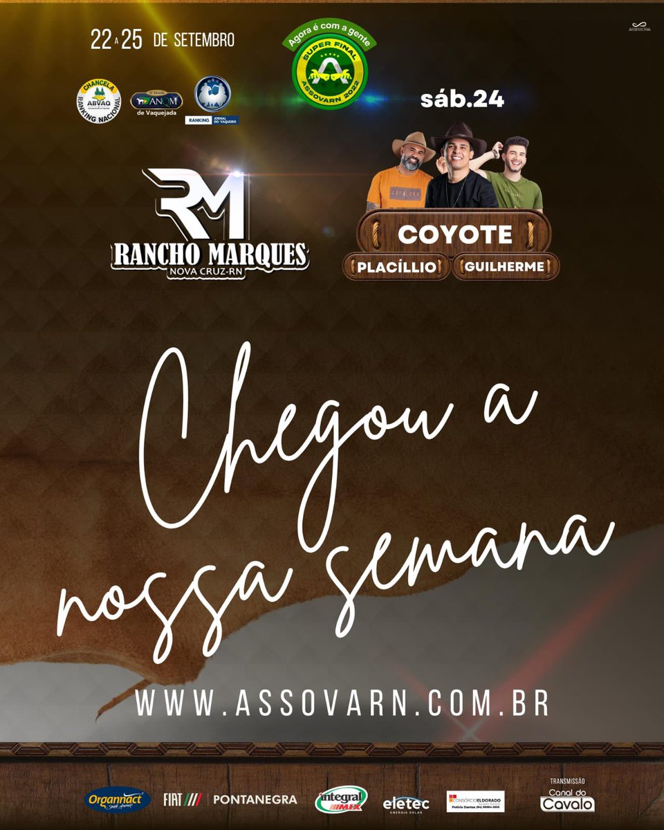 Alexandrelanuse's tweet image. Chegou a nossa semana.

De 22 a 25 de setembro tem a etapa 5 e grande final do Circuito Assovarn no Rancho Marques em Nova Cruz /RN.

Garanta sua senha antecipada em assovarn.com.br 

#Final #Assovarn #RanchoMarques #ChegouANossaSemana