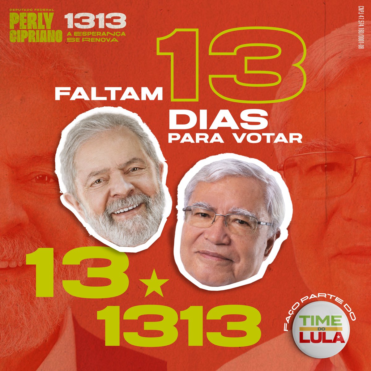 perlycipriano13's tweet photo. Votar 13 em 13 dias! Lula é 13, Perly é 1313! É o 13rasil feliz de novo ❤️🇧🇷

Compartilhe com seus amigos e familiares, peça mais um voto pra eleger Lula presidente. E não se esqueça de pedir voto para elegermos uma bancada de esquerda na Câmara dos Deputados. 

#LulaPresidente13 https://t.co/EriO6KA719