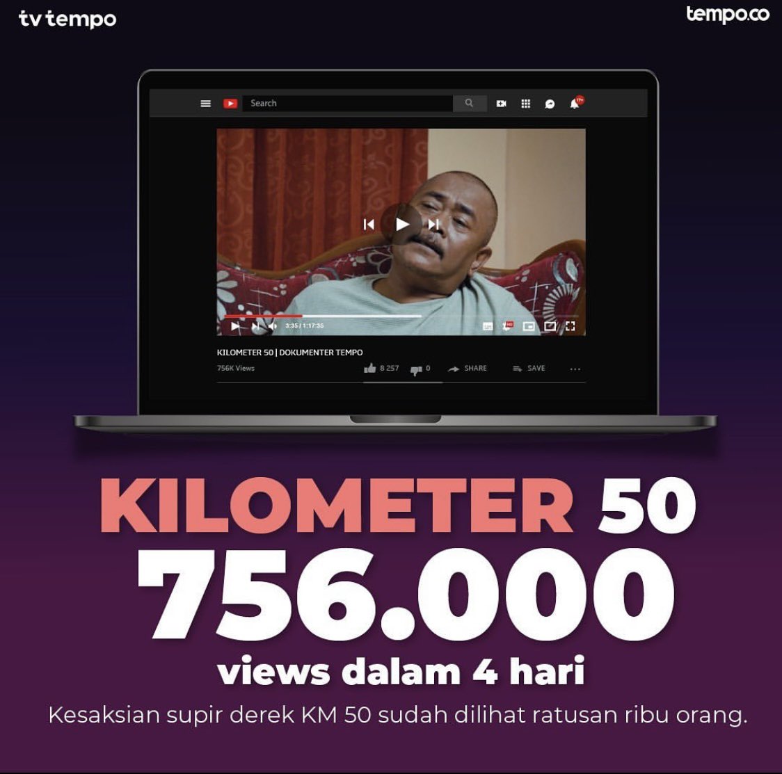 tempodotco's tweet photo. Dokumenter "Kilometer 50" sudah menembus 756 ribu tayangan di YouTube dalam kurun waktu 4 hari.
Bagaimana pendapat pembaca setelah menonton dokumenter ini?
Saksikan film dokumenter Kilometer 50 di YouTube Tempodotco.
#BerhentiDiKM50 #TempoKM50 #Kilometer50 #TempoDokumenter https://t.co/QUdQs7rhTS