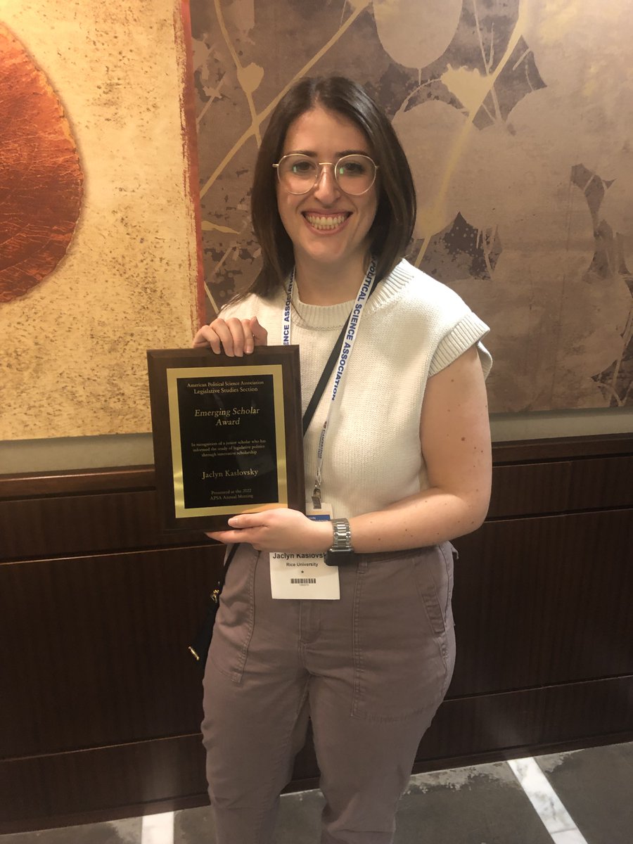 Great @apsatweets #APSA2022 for @RicePoliSci with 3 faculty awards! Here's @JKaslovsky with her Emerging Scholar Award. @schwindtbayer won the George H. Hallett Award and @BAshleyLeeds won a distinguished mentor award. @womenalsoknow @W_inLS @Interna01697120 We're so proud!