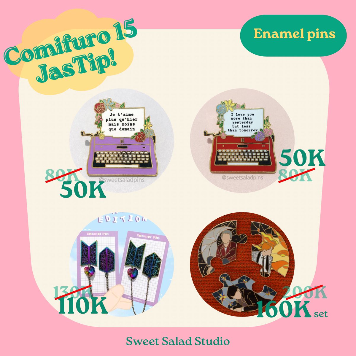 sweetsalad_'s tweet photo. JasTip comifuro by Sweet Salad 💕

SweetSalad won’t be boothing on cf but I will come to comifuro to meet friends &amp; buy some goods 😍🫶🏻 

🎁get free random sticker for purchase IDR 75K &amp; random pin for purchase IDR 150K ^o^

#comifuro15 #cf15 #comifuro15catalog https://t.co/DPGRD231Sg