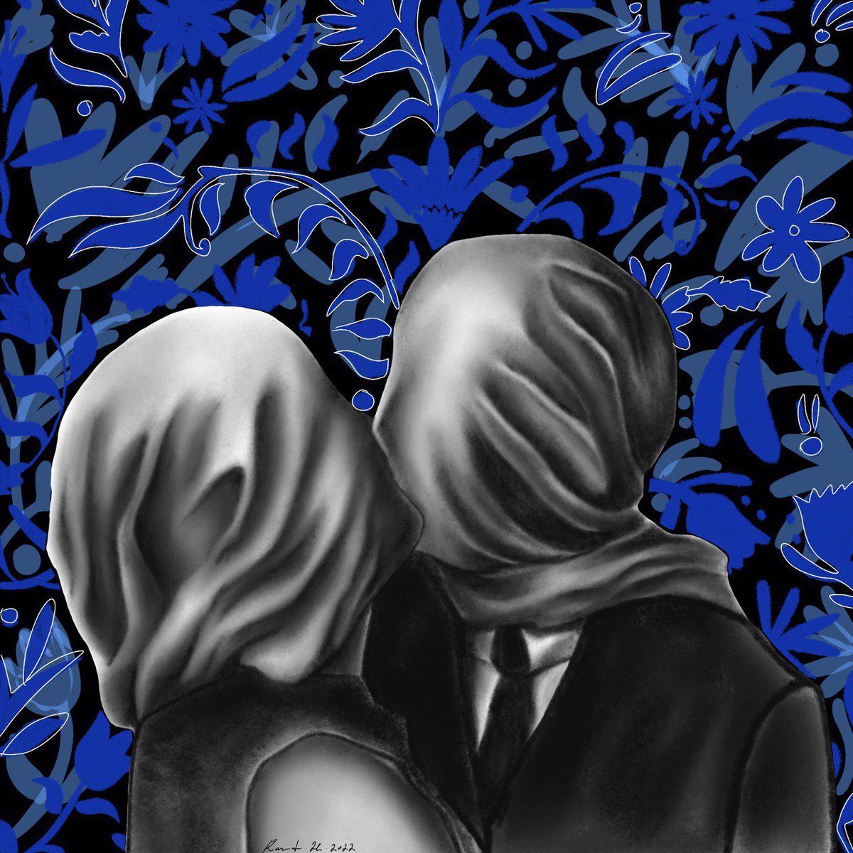 Rvxii10R's tweet photo. The lovers for 0.03 eth 
It is a recreation of Magritte’s painting with a more complex background 
Resembles the different layers of emotions in a kiss and the complexity of human interaction. 
#nft #NFTCommuntiy #NFTProject #nftcollector #NFTsales 
https://t.co/3AV1Guf9My https://t.co/PBD5xFw0Wq
