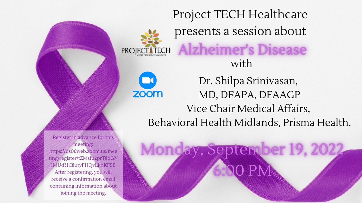 ProjectTechSC's tweet photo. Project TECH 
Alzheimer's Awareness Month 
Dr. Shilpa Srinivasan, MD

Monday, September 20, 2022 | 6:00 PM

Register in advance for this meeting:
https://t.co/gTxLZ9AFS1

#alzawarenessmonth
#ProjectTECH
#healthcare https://t.co/uyDJusb4N6