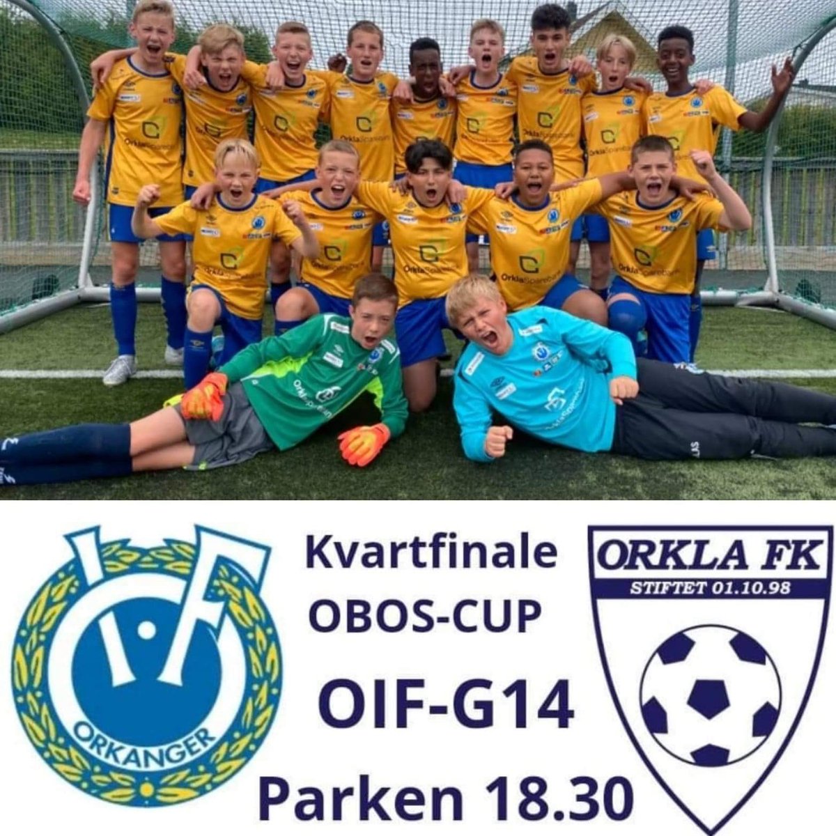 Cup kamp i idrettsparken kl 18.30 ikveld. Møt opp hei frem G14 gutan når Orkla gjester hovedbanen i idrettsparken. Vinneren går videre til semifinale i OBOS cupen.