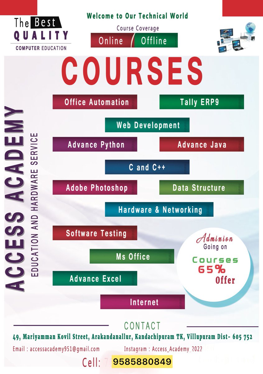 santhosh_arvind's tweet image. #Accessacademy Weekend  Online Courses Offered
#basiccombattraining   and #c,c++  Combo Pacakage:3450Rs
Core #python  Only 2800Rs
#javaprogramming Only 2800Rs
#tallyerp9 Only
 3450Rs
 This Offer Valid Only 3days Interesting Person Dm Me Or Call:9585890849
 #Java #Python #Tally