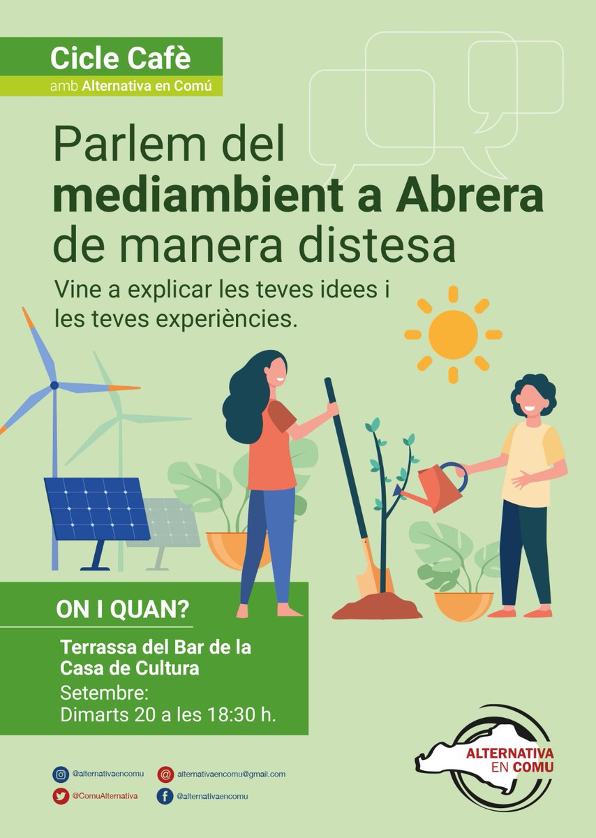 Demà per la tarda parlarem de medi ambient i emergència climàtica, desmuntarem les mitges veritats del govern i el seu "compromís" amb la sostenibilitat i recollirem tots els comentaris i propostes de les persones que es vulguin apropar.

Us hi esperem!
#Abrera