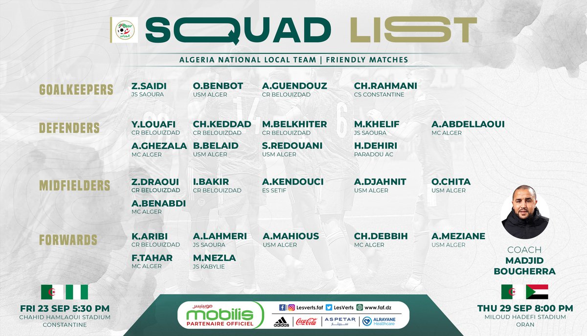 El_Bilade's tweet photo. قائمة لاعبي المنتخب المحلي  الخاصة بالمواجهتين الوديتين أمام منتخبي نيجيريا 🇳🇬 والسودان🇸🇩 https://t.co/G2MzcbJ86g