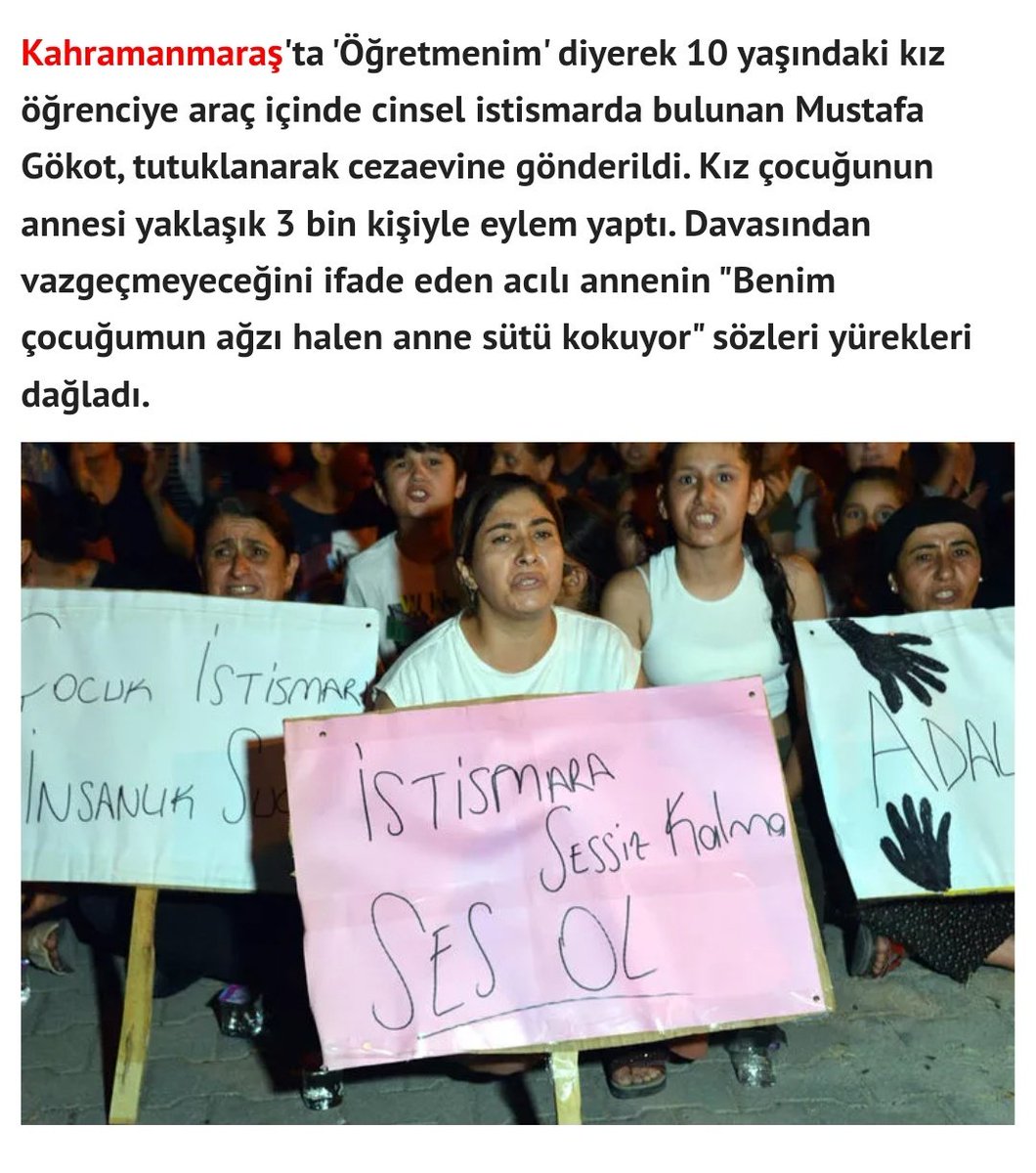 muhendisyenn's tweet photo. Kahramanmaraş da 1 haftadır protesto gösterisi var. Ve ne hikmetse basın bunu görmüyor. 10 yaşındaki kız çocuğuna tecavüz edildi. 3 bin kişi her gün protestolar yapıyor.
Kahramanmaraş'ta 'Öğretmenim' diyerek 10 yaşındaki kız öğrenciye Mustafa gökot araç içinde tecavüz etti. https://t.co/zYefhkGQnb