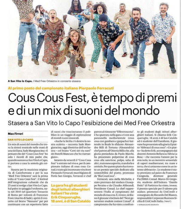 Grazie al #giornaledisicilia Stasera al <a href="/Cous_Cous_Fest/">Cous Cous Fest</a>