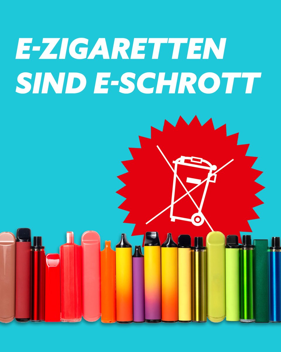 dein_plan_e's tweet photo. E-Zigaretten sind E-Schrott. Sowohl E-Zigaretten, die man aufladen kann, als auch Einweg-E-Zigaretten enthalten elektronische Bauteile und Batterien.
Dein Hausmüll ist tabu.⛔️
Entsorge deine E-Zigarette richtig im Handel oder auf dem Wertstoffhof. ♻️
#ezigarette #einwegzigarette https://t.co/kNaeuLaj8Q