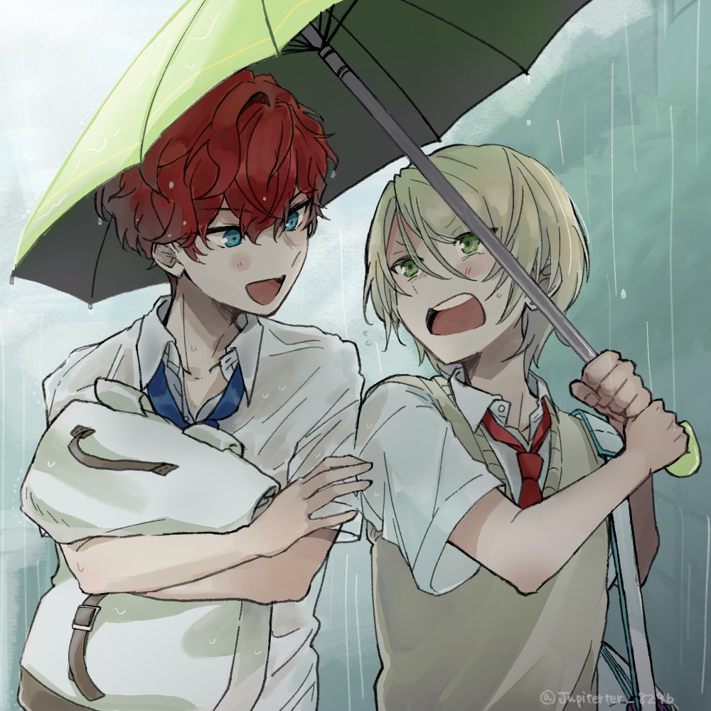 2boys umbrella multiple boys rain bag red hair male focus  illustration images