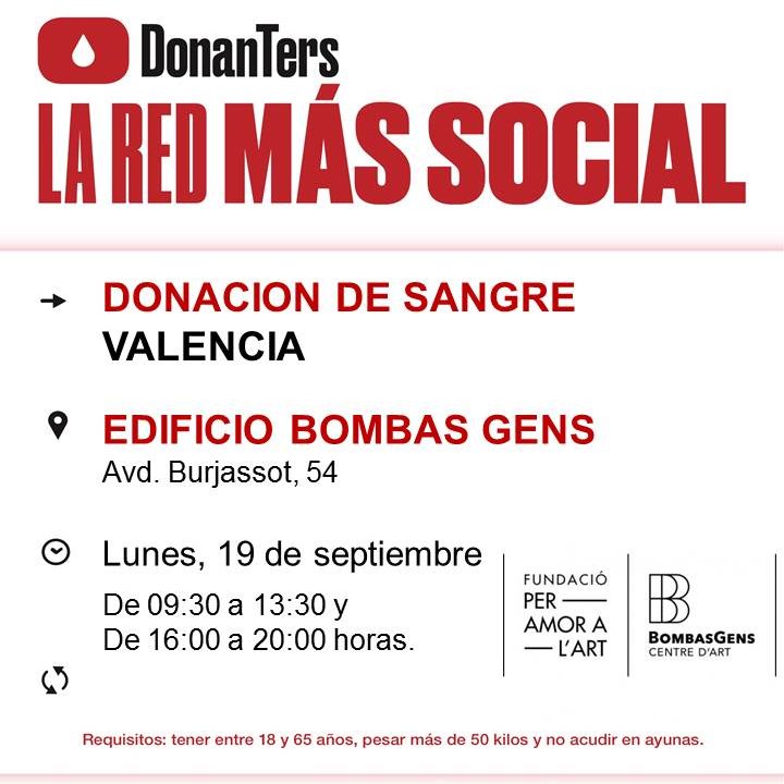GVAdonasang's tweet photo. Dona sang en #València
📅Dilluns #19setembre
📌@fperamoralart
-Edifici @BombasGens-
La Comunitat Valenciana necessita 650 unitats de sang diàries per a atendre la demanda hospitalària.
👉Donar sang és un acte de solidaritat. Suma't a salvar vides. https://t.co/3znNJBGrZS