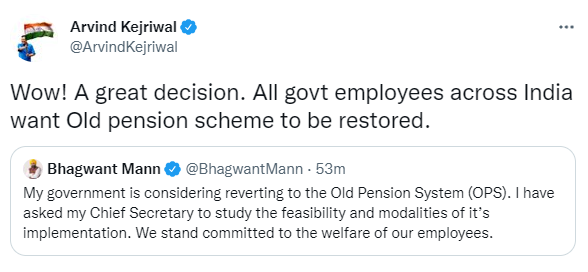 TNNavbharat's tweet photo. #NewsAlert | पुरानी पेंशन स्कीम लागू करने पर विचार कर रही मान सरकार, दिल्ली के सीएम @ArvindKejriwal बोले- 'भारत भर के सभी सरकारी कर्मचारी चाहते हैं कि पुरानी पेंशन योजना बहाल हो'
#OldPensionSystem https://t.co/kHjIxMXZp4