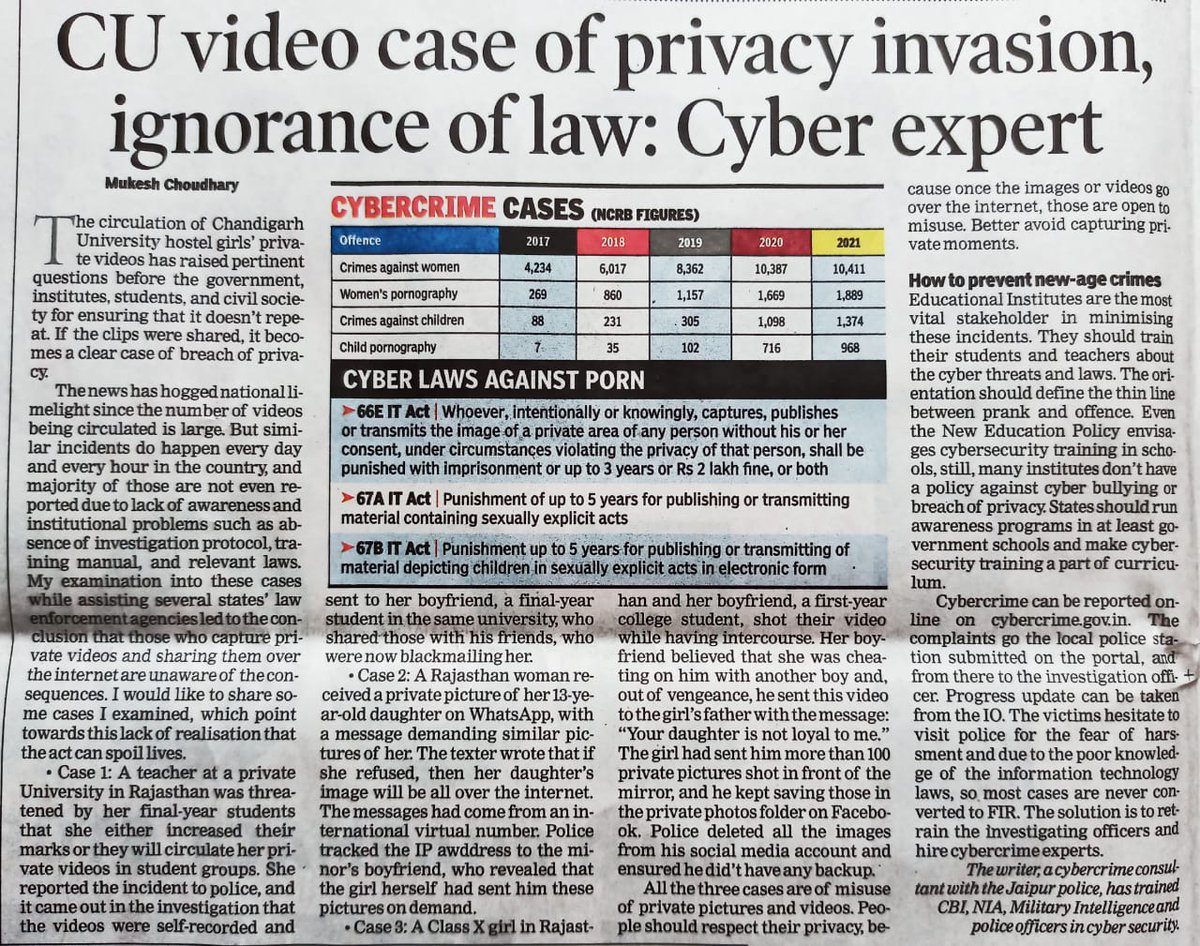 My column in today's <a href="/TOIChandigarh/">TOIChandigarh</a> on the recent incident of <a href="/Chandigarh_uni/">Chandigarh University</a>.
Please should know the consequences of capturing and sharing obscene content. <a href="/ShoebKhanTOI/">Shoeb Khan</a>
#chandigarhuniversity 
#chandigarhuniversitymms 
#privacymatters #cyberveer