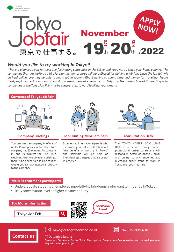 mikonii's tweet photo. ⭐Pengumuman Tokyo Job Fair 2022⭐

Halo teman-teman 👋

Untuk kamu yang berminat kerja di Jepang 🇯🇵
kamu bisa mengikuti *Tokyo Job Fair* yang akan diselenggarakan pada:

🗓 Sabtu &amp; Minggu, 19 &amp; 20 November 2022
⏰ 09.00 - 17.35 WIB
Daftar langsung 
➡ https://t.co/5ihMNUrmhs https://t.co/sNkhKIfKES