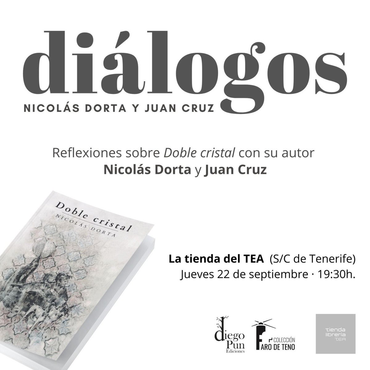 Reflexiones sobre 𝑫𝒐𝒃𝒍𝒆 𝒄𝒓𝒊𝒔𝒕𝒂𝒍
con su autor Nicolás Dorta y el periodista y escritor Juan Cruz @latiendadeltea 

<a href="/nicdorta/">Nicolás Dorta</a> <a href="/cosmejuan/">Juan Cruz Ruiz</a>  #literaturacanaria #farodeteno #colecciónadultos