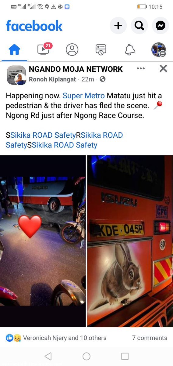 10:41 So yesterday, someone was knocked at Ngong rd, Racecourse.
We have on numerous times called on <a href="/KURAroads/">Kenya Urban Roads Authority (KURA)</a> to do something, we shall not tire.
Maybe they are waiting for deaths. ,  ,   via <a href="/arrumtiddi/">bernard omondi</a>