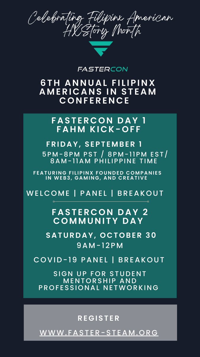 fastersteam's tweet image. So excited to for our 6th annual #FASTERCON22 #FilipinxAmericans in #STEAM #Science #Tech #Engineering #Arts &amp;amp; #Mathematics @fastersteam Conference celebrating #FAHM #FilipinxAmericanHXStoryMonth #web3 #gaming #creative #design #entertainment  
faster-steam.org #Filipino