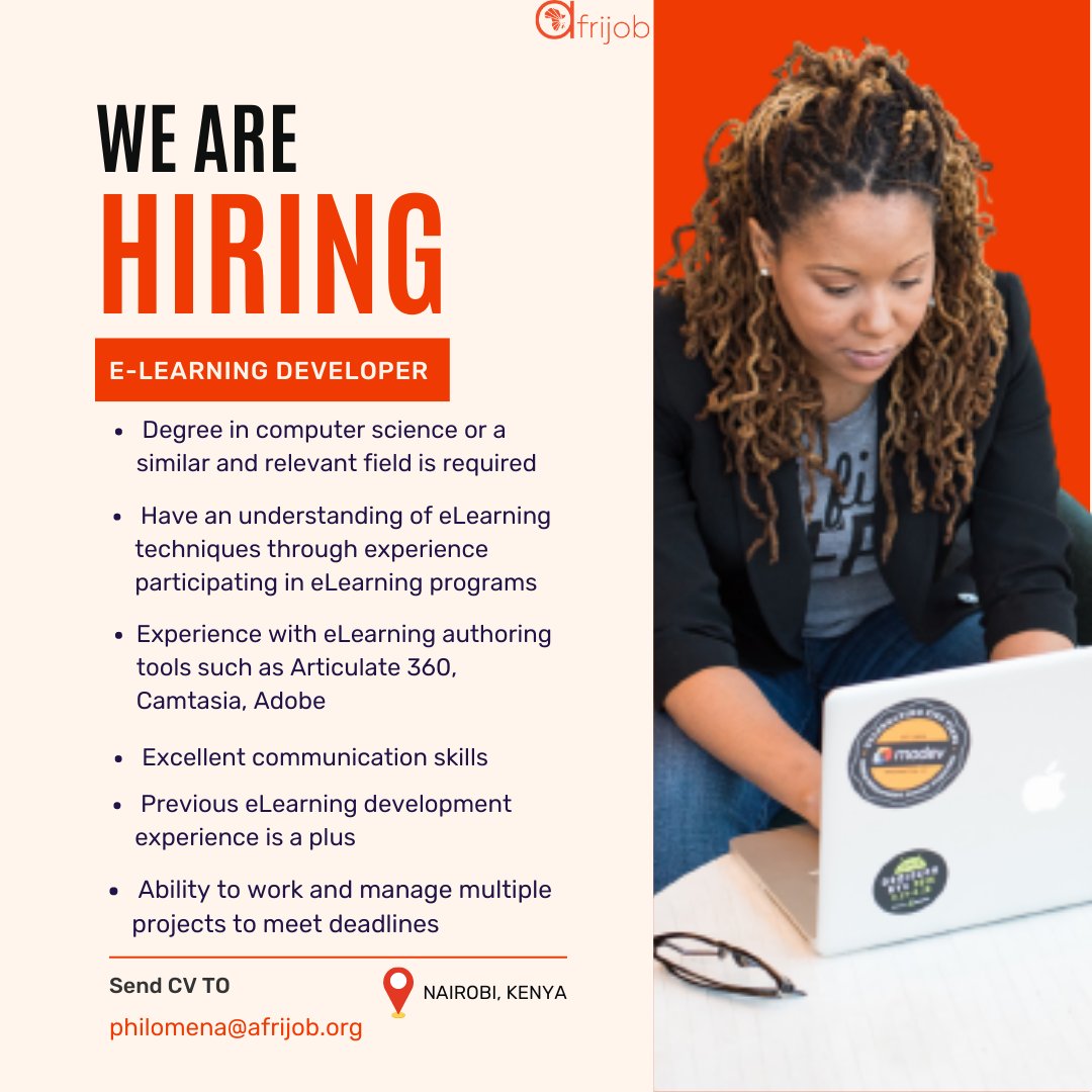 Our Client company in the Ed- Tech industry is hiring for an E-Learning Specialist to help in developing modules for their e-learning services. 

#ikokazi #kokazike #devcommunity #devjobs #programming #hiringnow #jobalert #edtech #elearning #elearningdeveloper #JobHunt
